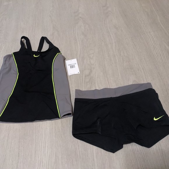 Nike XS Racer aBck Tankini Swimsuit 2 Piece Set (Black/Gray/Neon Green) - Picture 6 of 6